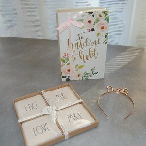 Bridal shower bundle - Rae Dunn coasters, Bride headband, wedding notebook, sign